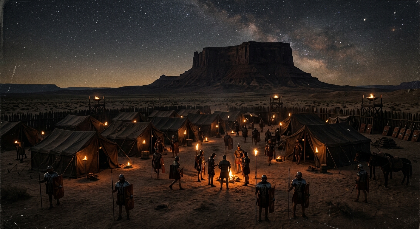 A night scene of a desert encampment of Roman soldiers with oil lamps and tents,