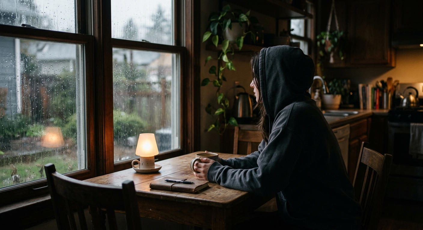 A solitary figure in a hoodie sitting at a kitchen table with a single mug, wind