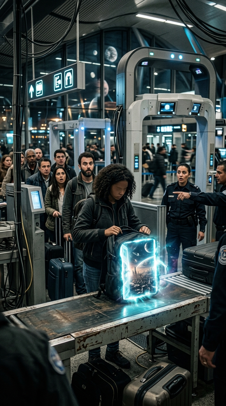 Vertical cinematic scene of an airport security checkpoint with an anonymous tra