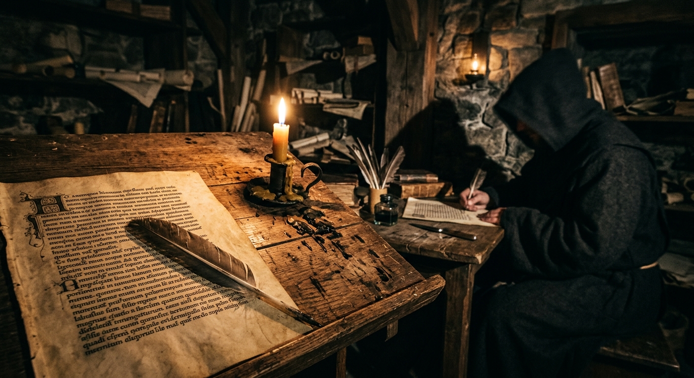 A scribe’s desk lit by firelight with a quill and an open medieval chronicle pag