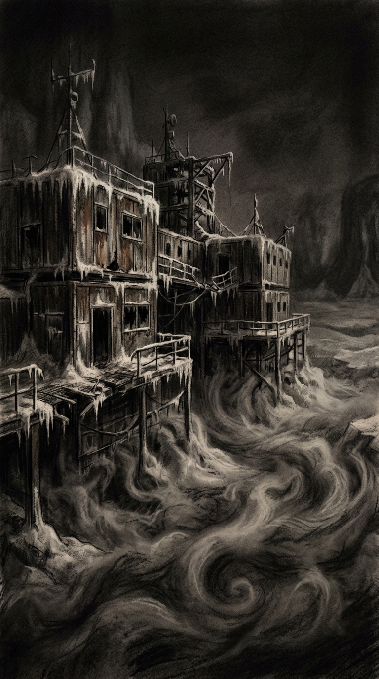 The remains of an aged research station, its walls rimed with ice, eerie tendril