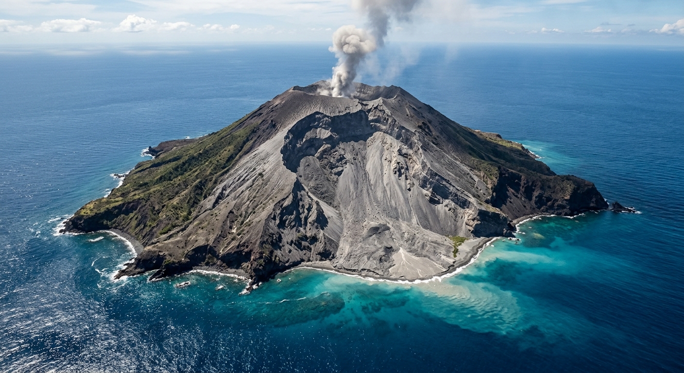 A semi-realistic aerial view of a volcanic island with a crescent-shaped collaps