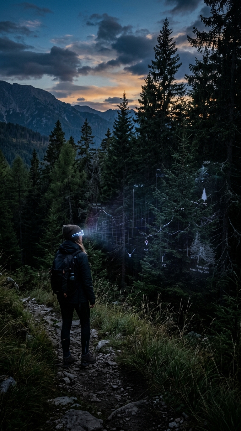 Vertical wide shot of a forest at dusk, serene and untagged; at the forest edge 