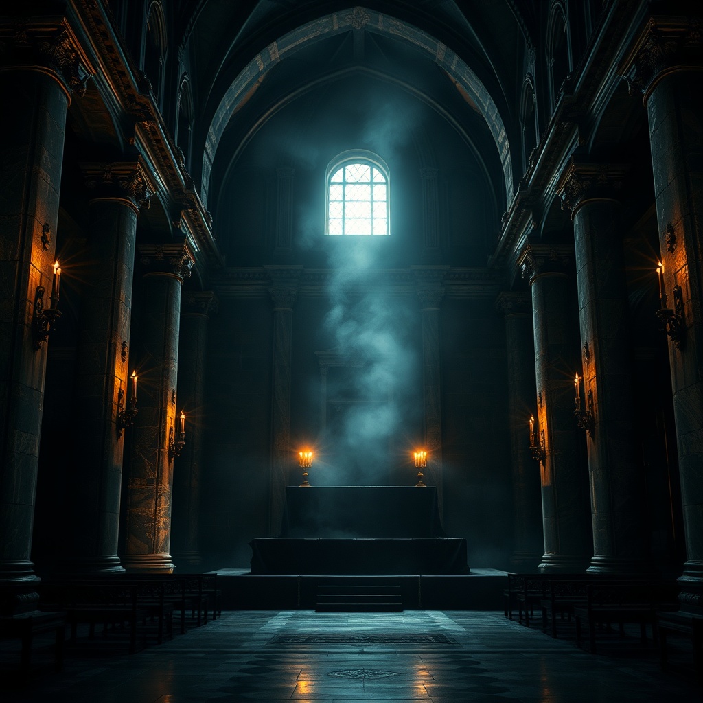 Interior of a vast medieval basilica at night, torchlight cutting through incens