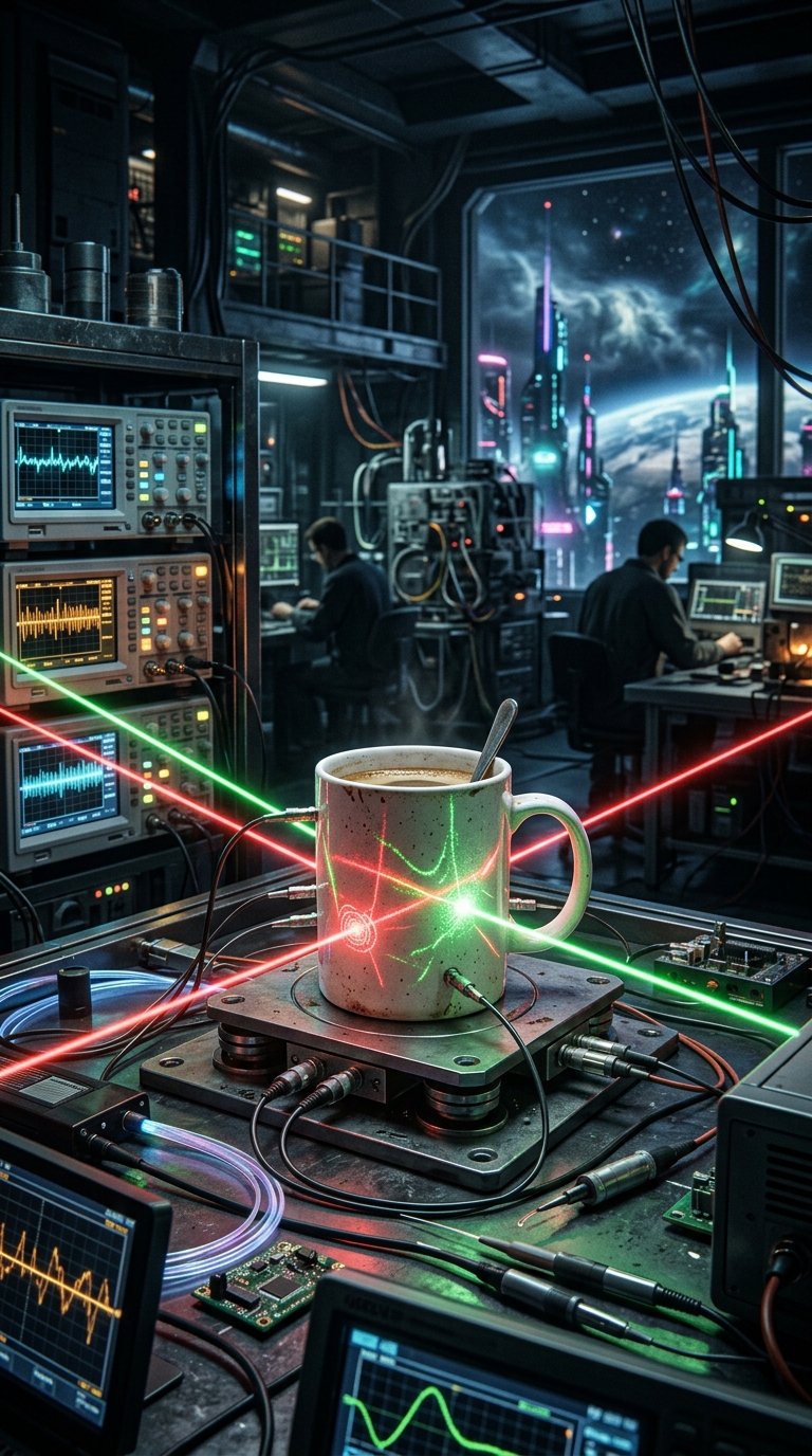 Futuristic lab bench where a coffee mug is connected to sensors, laser vibromete