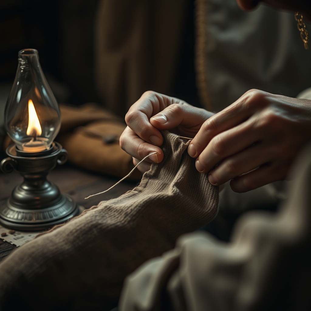 A close-up of careful hands darning a worn stocking with needle and thread besid