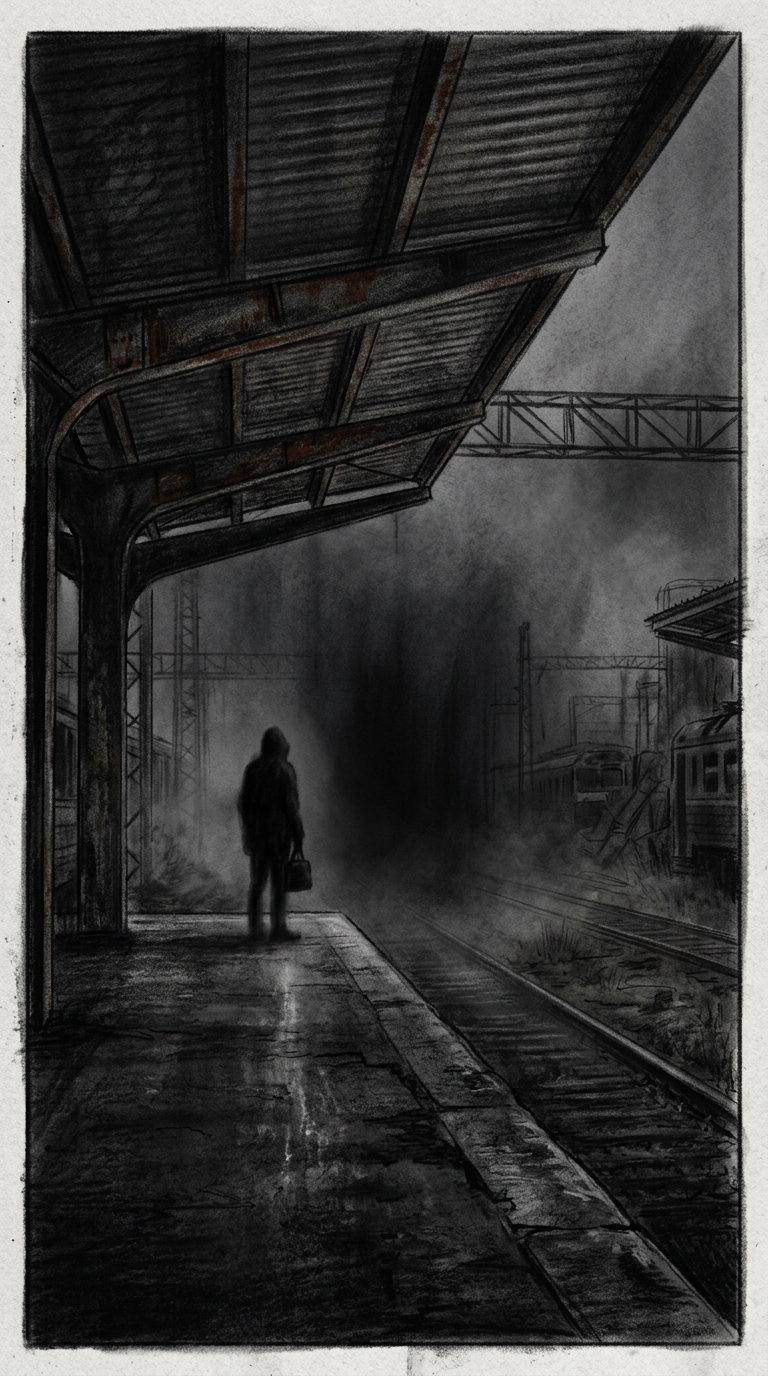 The silhouette of a lone figure hesitating at the edge of darkness, the train st