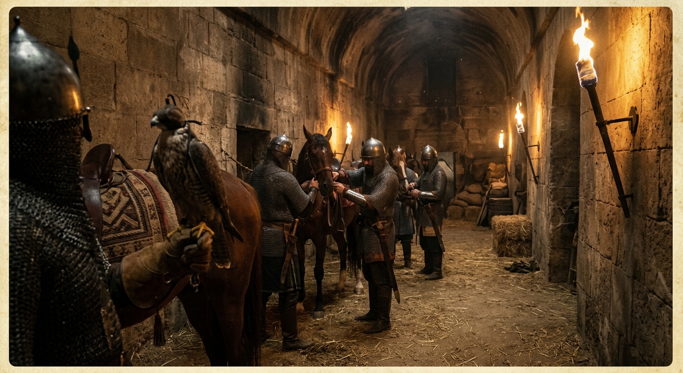 A dim stable corridor in medieval Cairo, armored horsemen preparing tack and mai