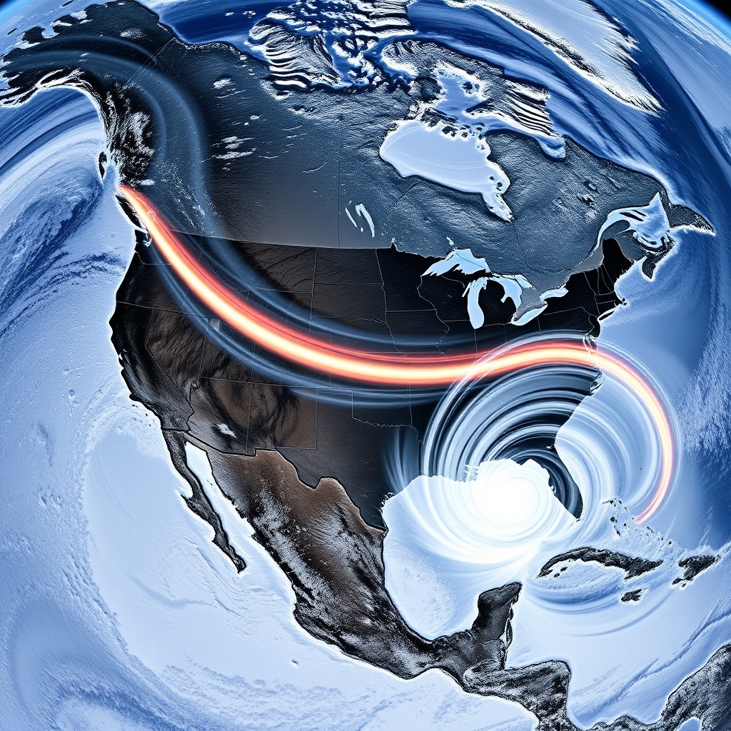 A high-contrast winter satellite-style view of North America with two curved jet