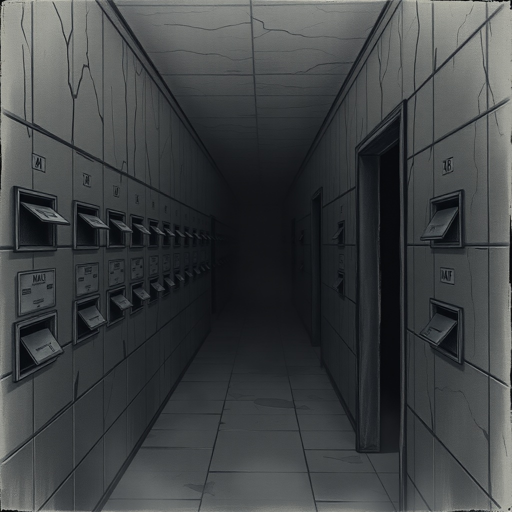 Dark charcoal horror illustration of a long interior hallway with cracked tile a