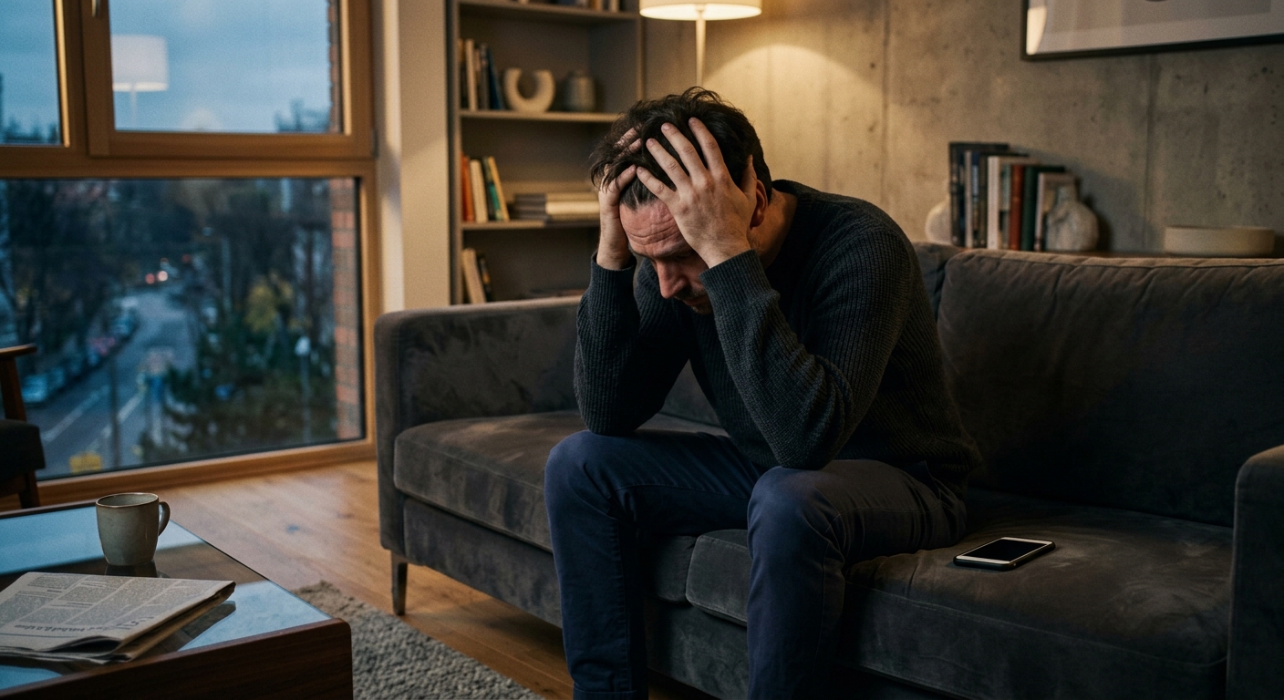 A man in his early 30s, head in hands, sitting defeatedly on an elegant sofa, a 