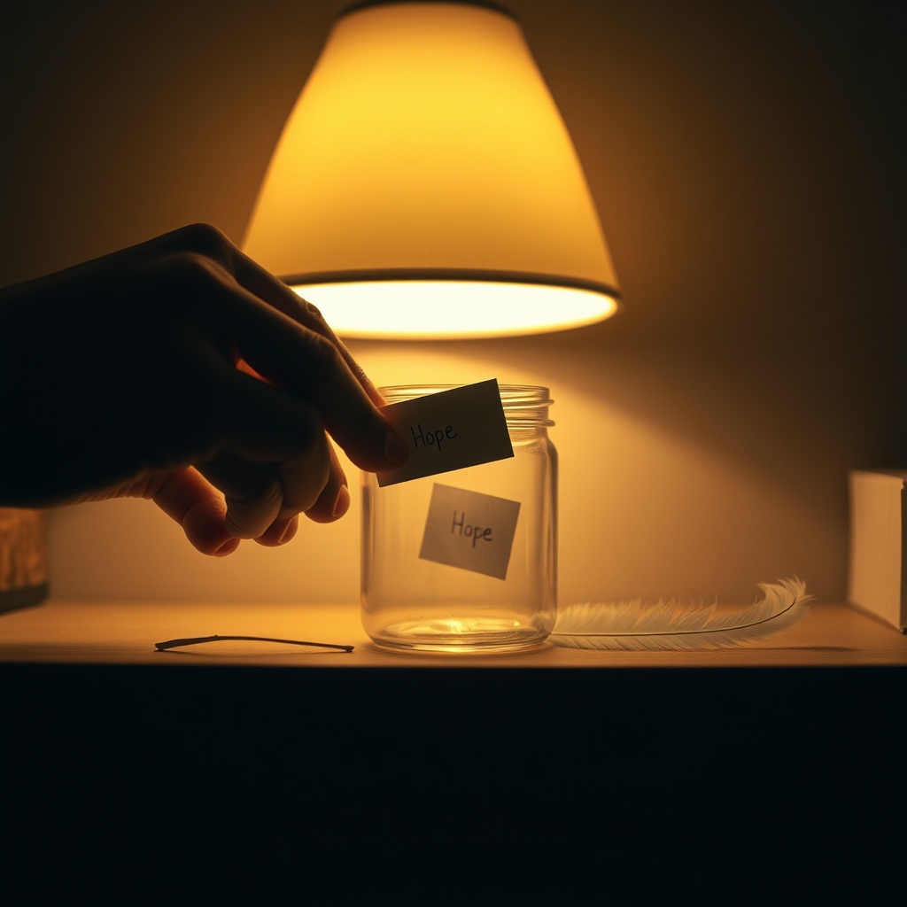 Close-up of hands placing a tiny note into a jar on a shelf, soft warm lamplight