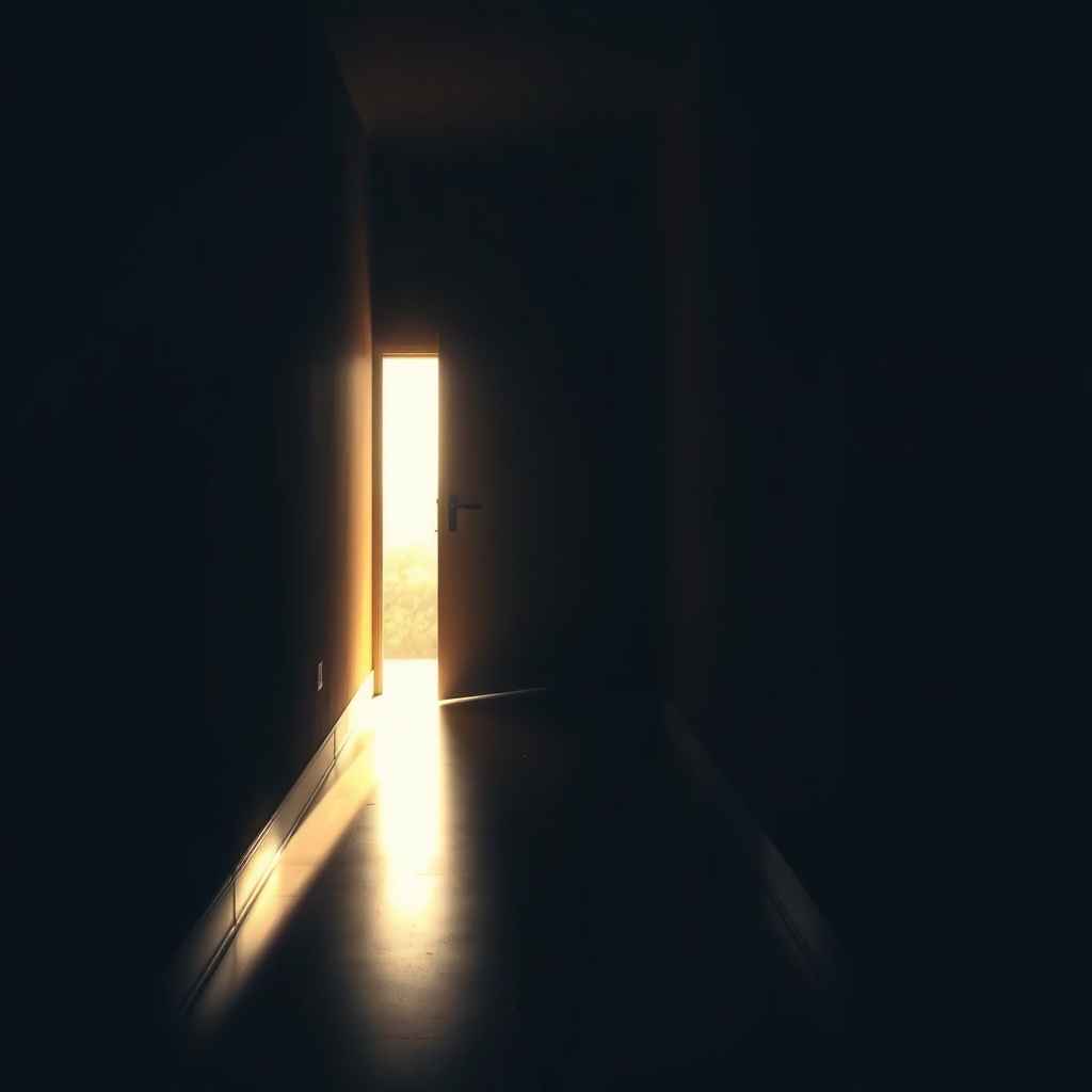 A long dim hallway with a single small pool of light spilling from a slightly op