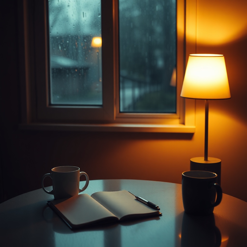 A small kitchen table at night with a single mug, a notebook open to a blank pag