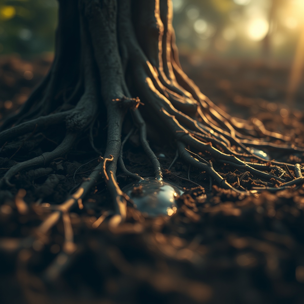 Close-up of tree roots in dry soil with a thin thread of moisture, warm sunlight