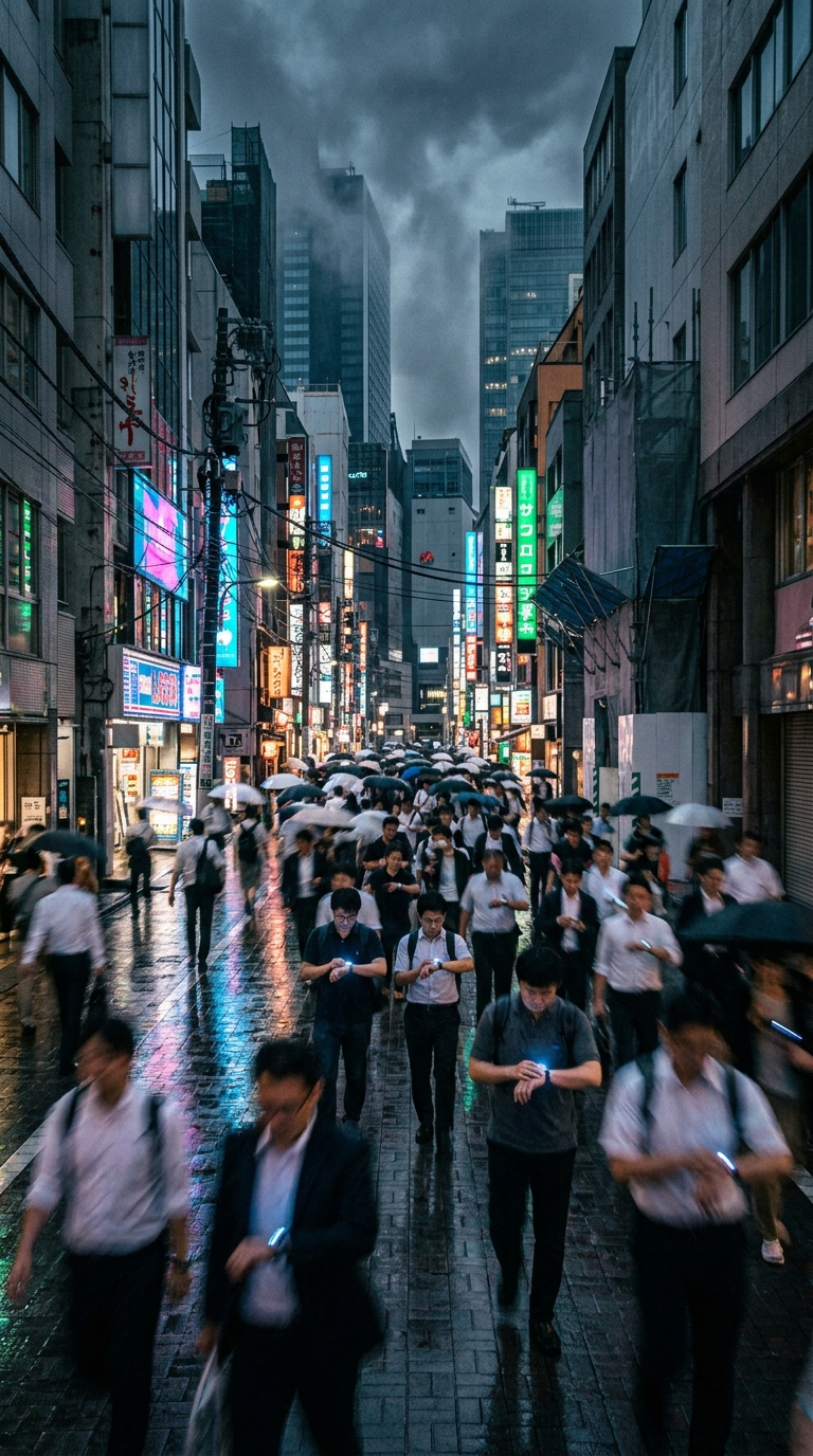 A crowded urban sidewalk at dusk, dozens of anonymous pedestrians glancing at gl