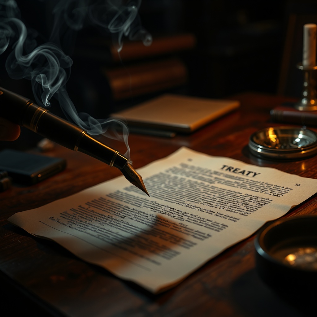 A close-up of a fountain pen hovering over a dense treaty page on a wooden table