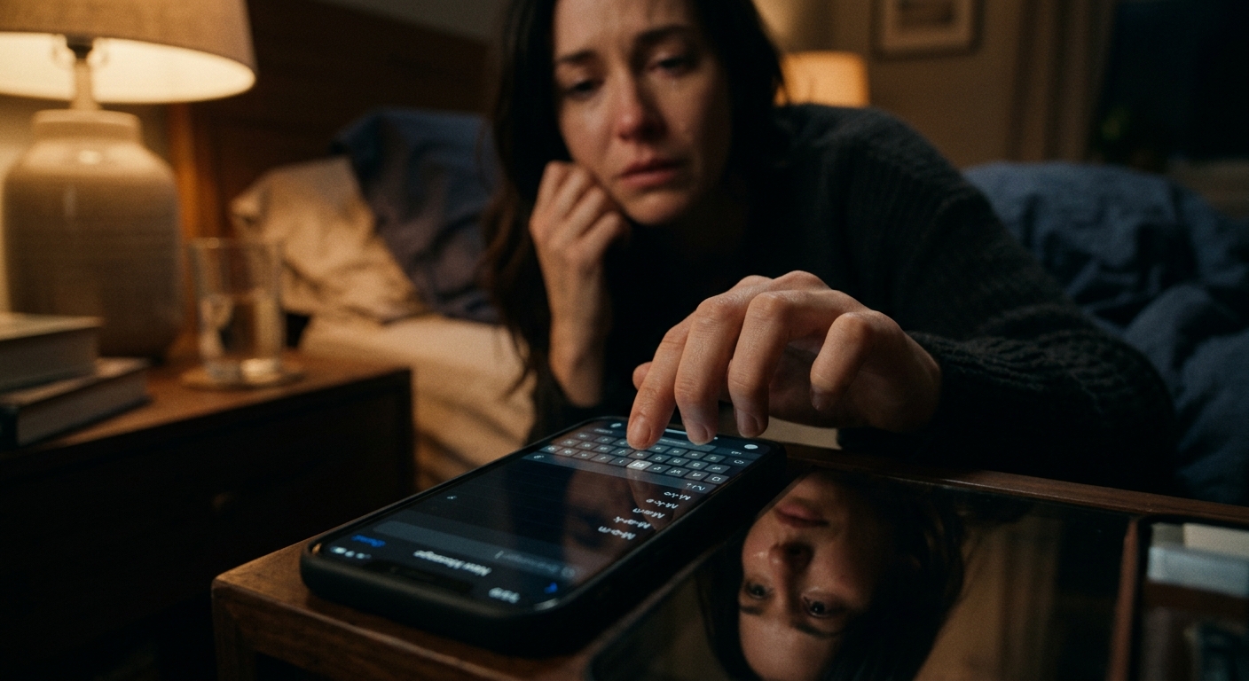 A woman's hand reaching hesitantly for a phone, her reflection visible on the sc