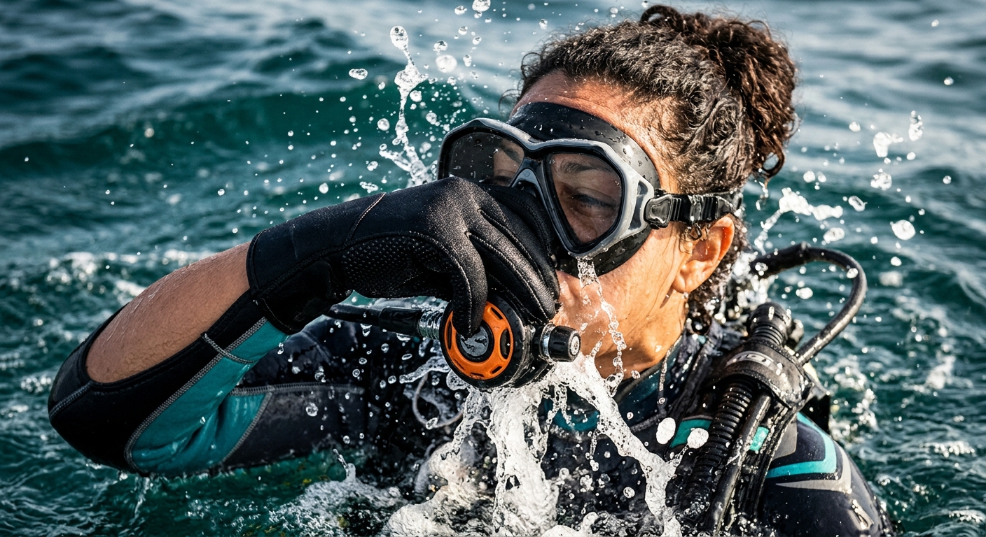 Tight close-up of a diver’s gloved hand firmly holding mask and regulator agains