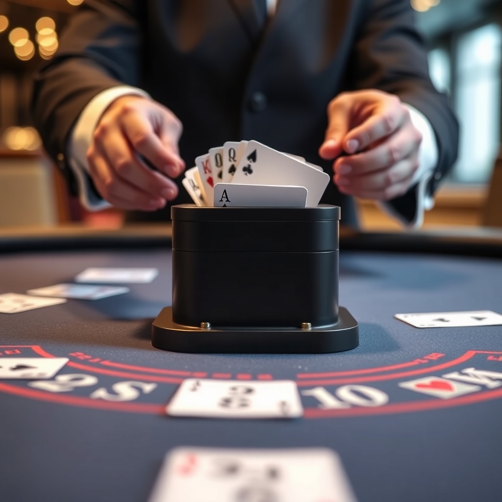 A continuous shuffling machine on a blackjack table, cards blurring as they feed