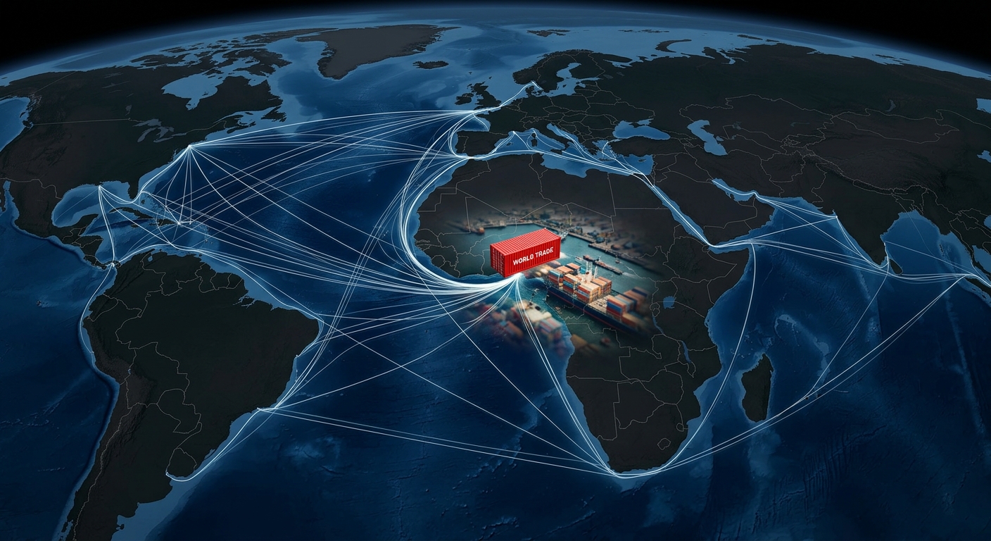 A world map seen from above with thin lines of shipping routes converging on Wes