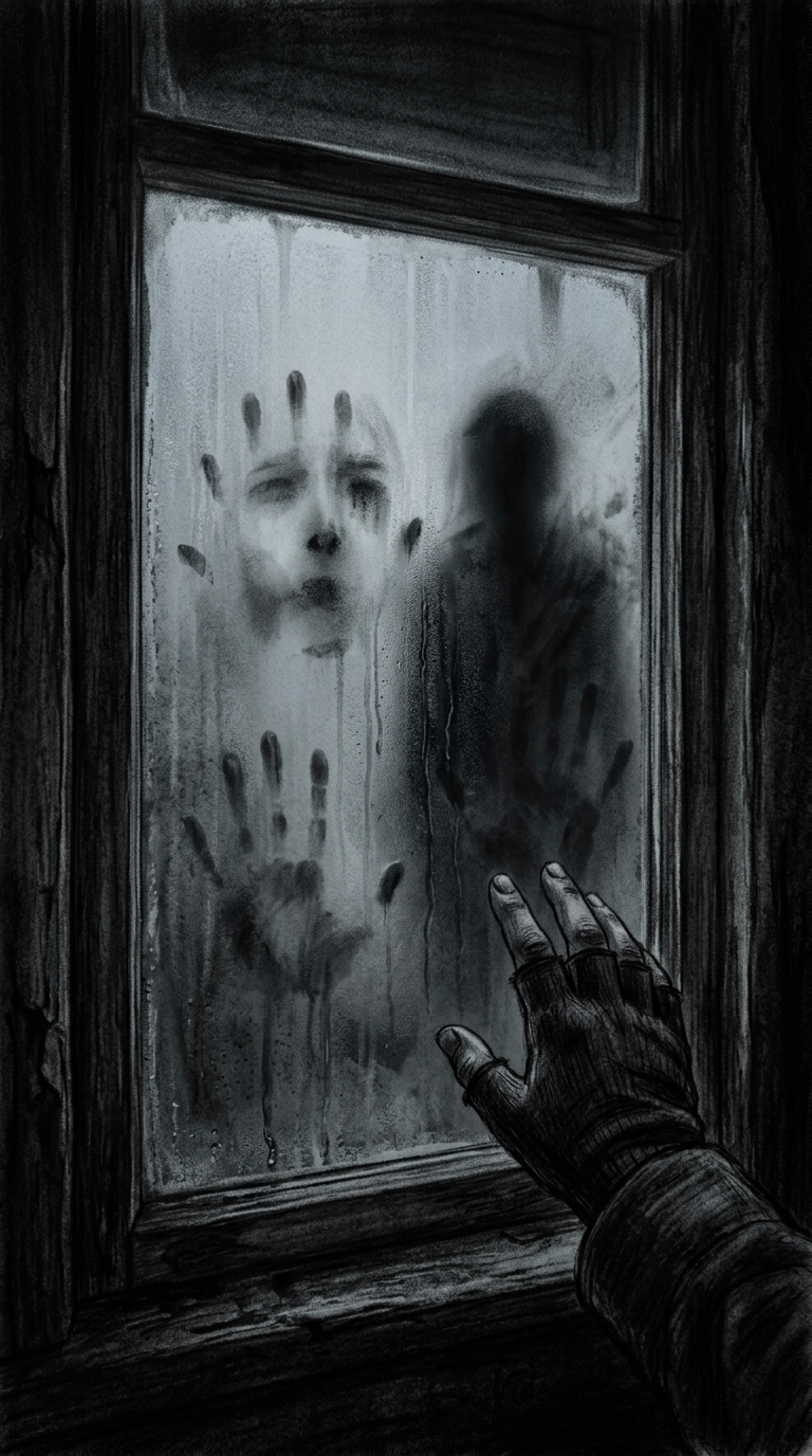 Close-up of a foggy window with human-shaped breath marks visible, a hand poised