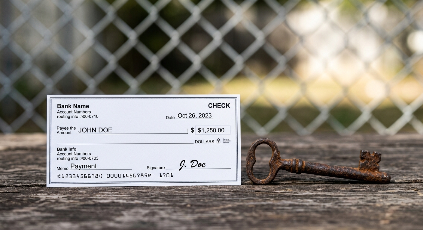 A clean, high-contrast close-up of a single paper check lying on a table beside 
