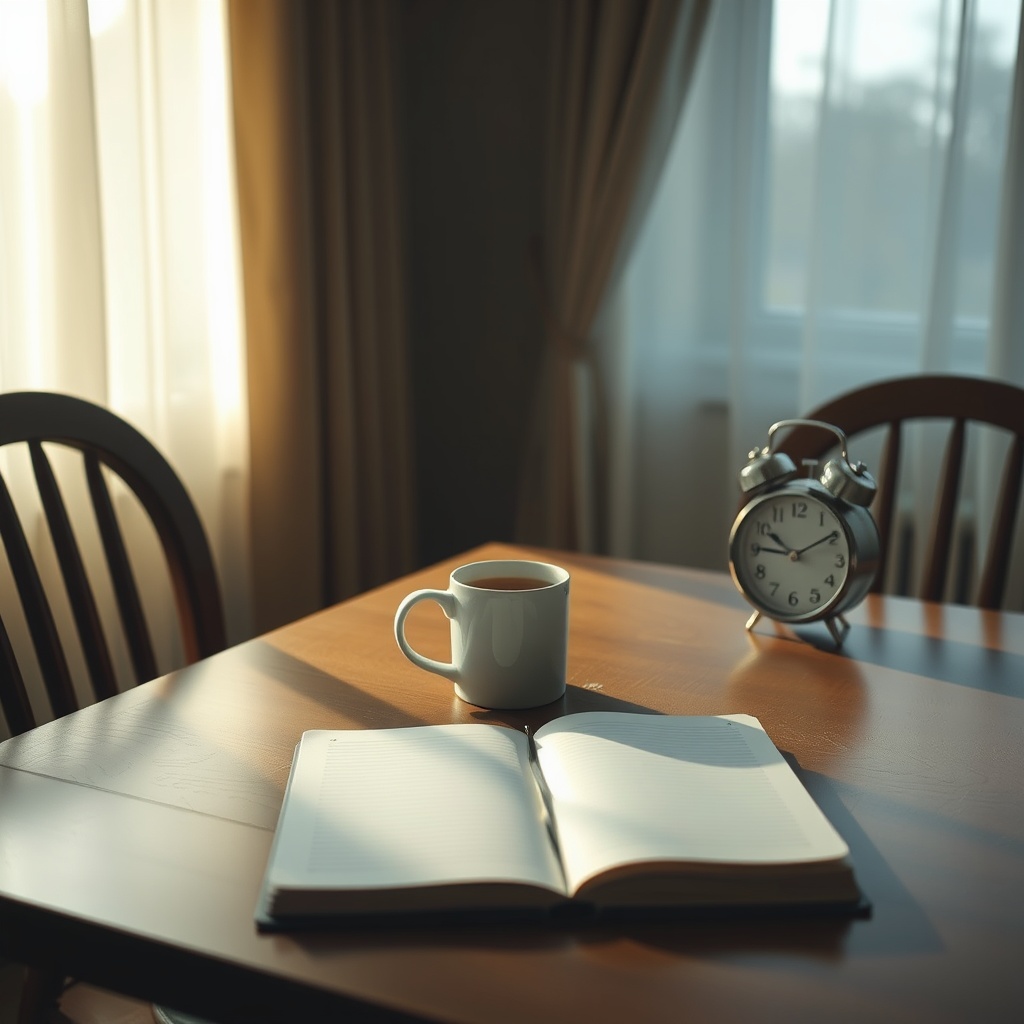 An empty kitchen table at dawn with a mug of tea and a small clock beside a note