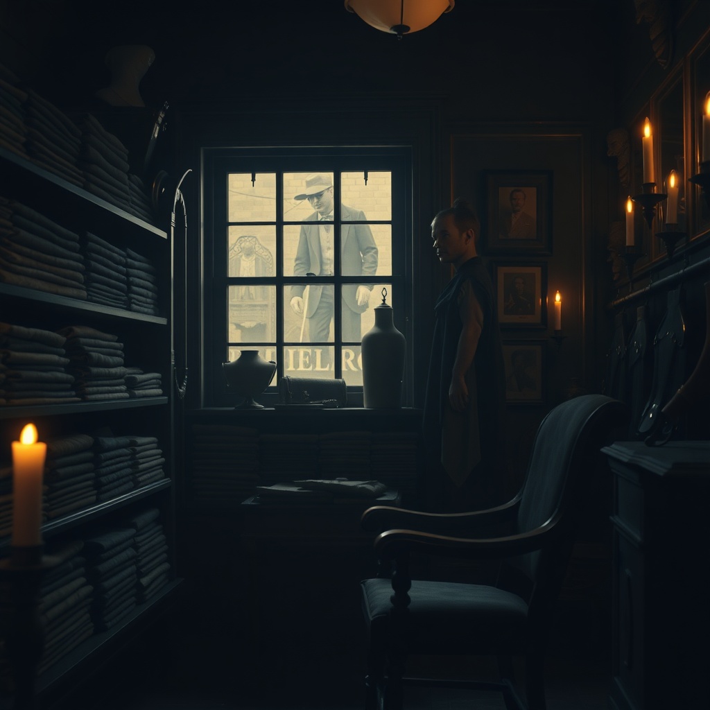 A softly lit tailor or haberdasher shop interior with shelves of folded cloth an