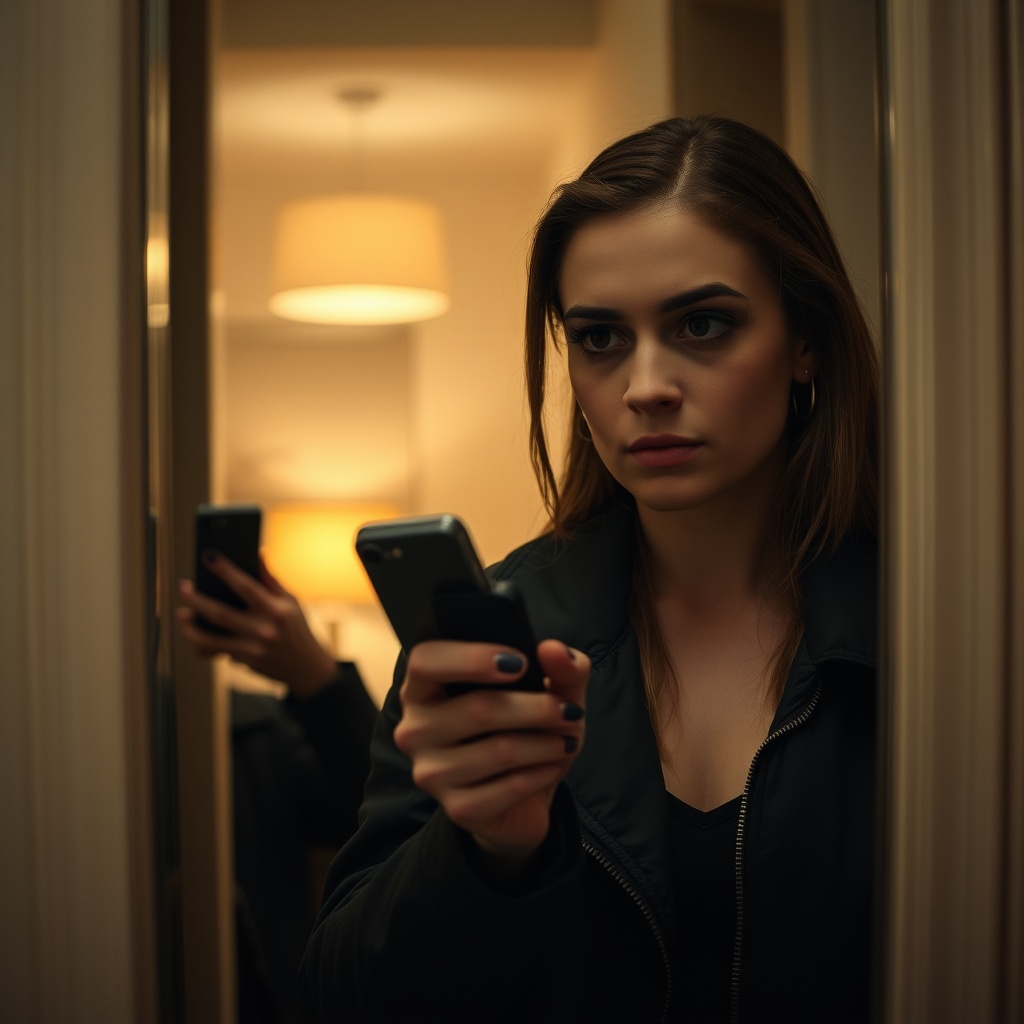 A woman in a black jacket gripping car keys in a hallway mirror reflection, smud