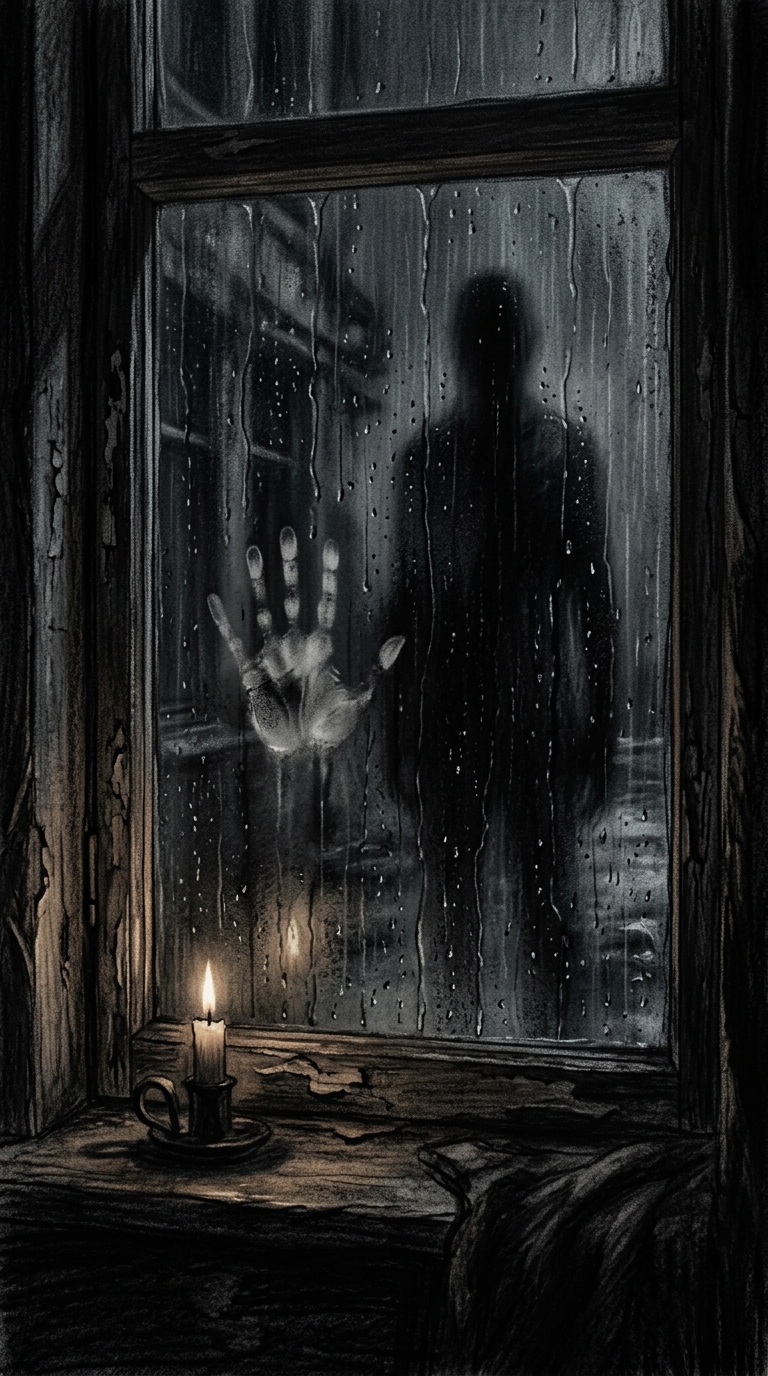 Dark charcoal horror illustration, vertical close view of a windowpane with rain