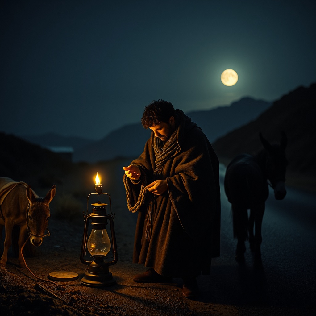 A night-time roadside scene with a traveler in a wool cloak counting coins into 