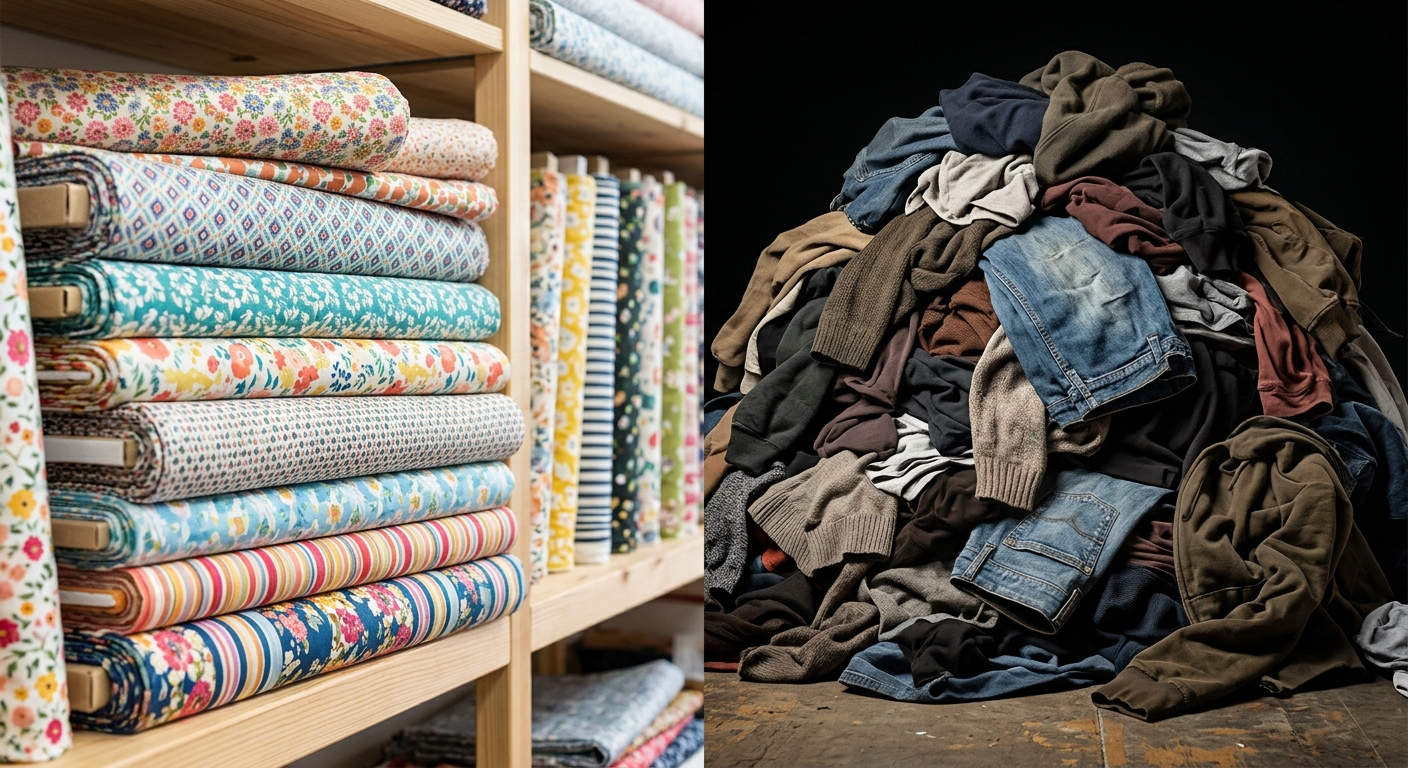 A split scene: on the left, bright patterned fabric rolls stacked neatly; on the