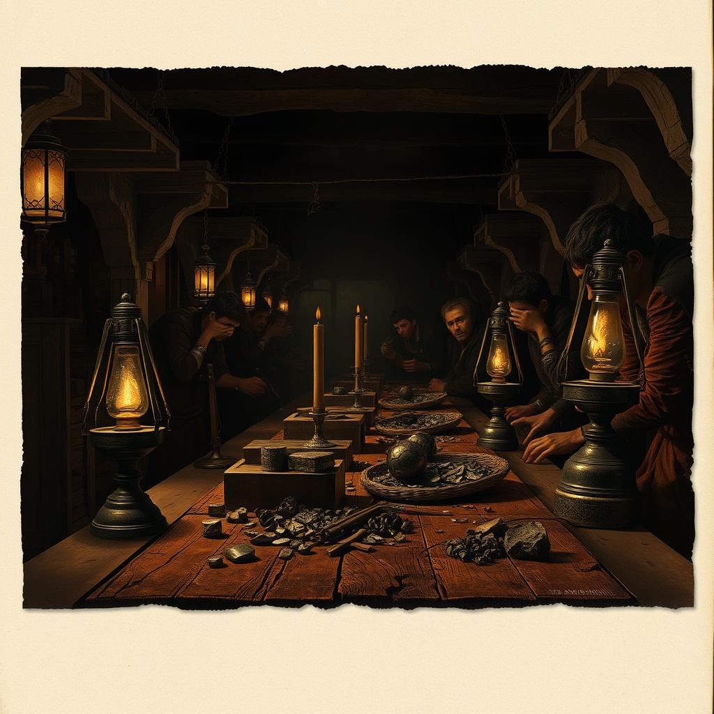 A cramped ancient marketplace at dusk with oil lamps, merchants leaning over bro