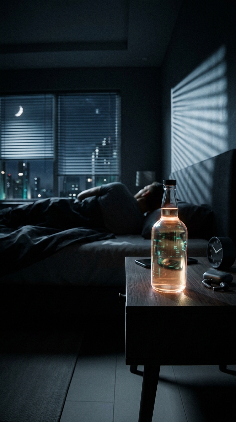 Futuristic documentary style shot of a bottle on a bedside table glowing amber i