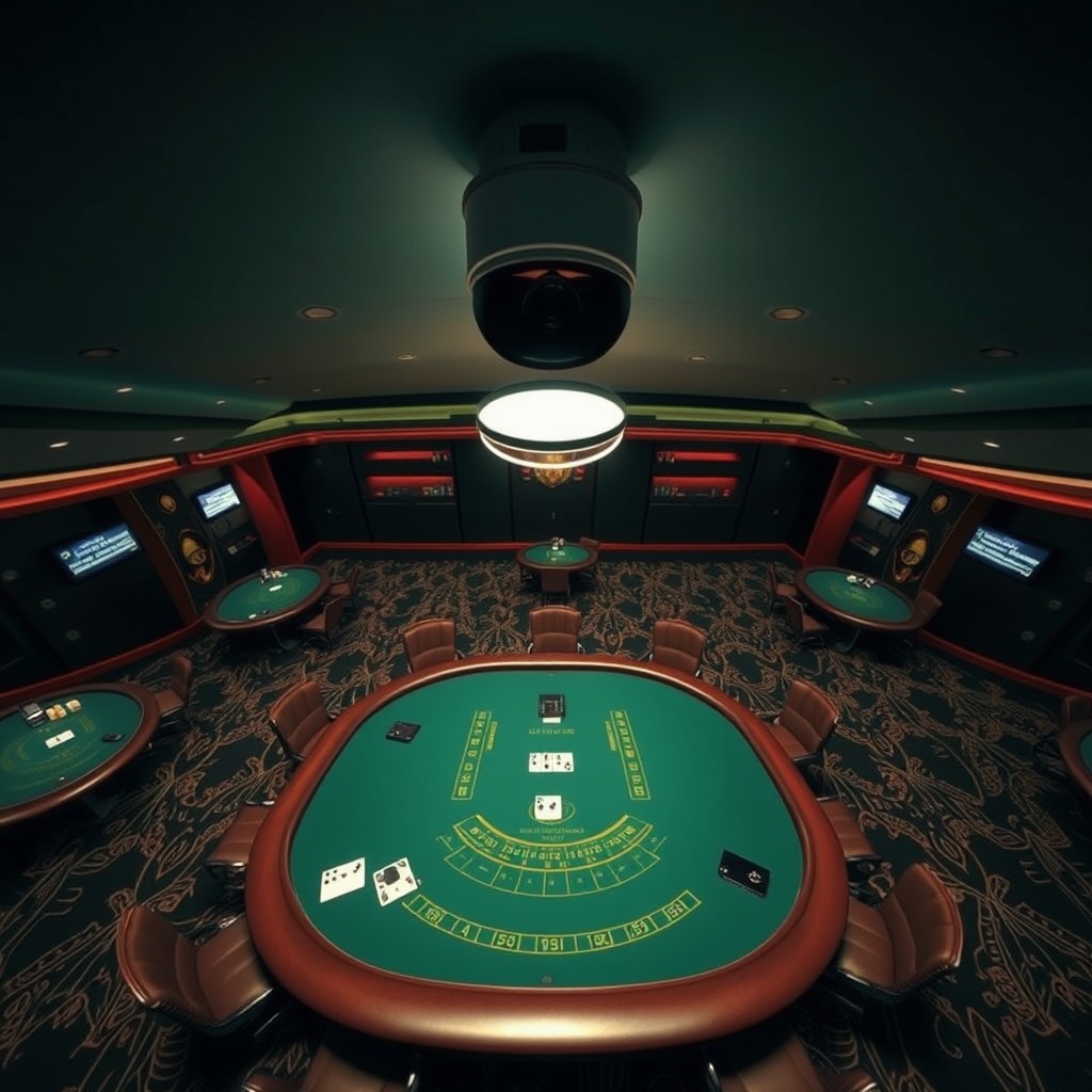 A wide shot from above of a casino pit with one blackjack table centered, and a 