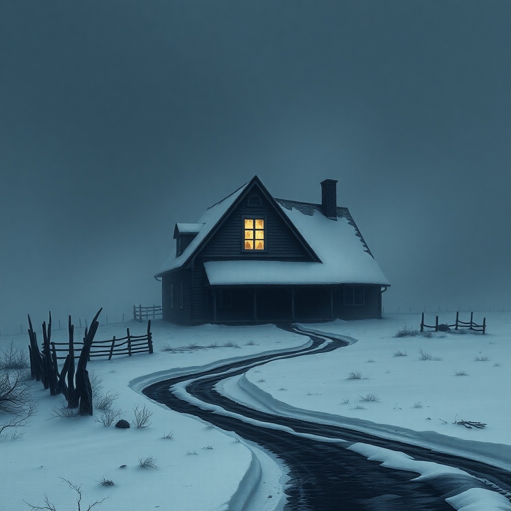 A small, isolated farmhouse enveloped in the stark Icelandic snowscape, with all