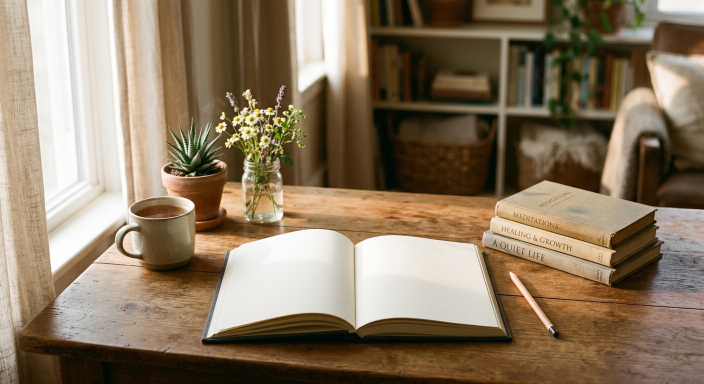 An open journal with blank pages beside a small stack of books and a pencil, sof