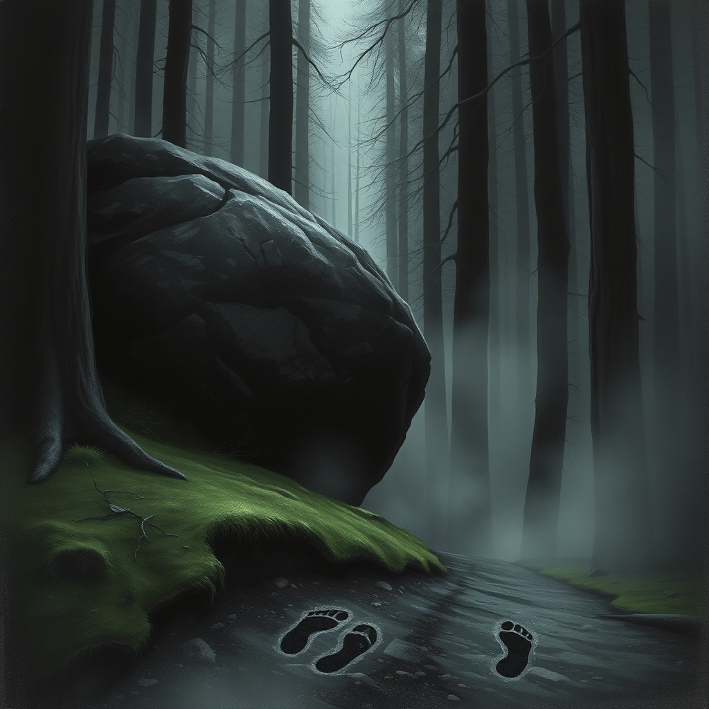Dark charcoal horror illustration, a massive dark boulder beside a forest path, 