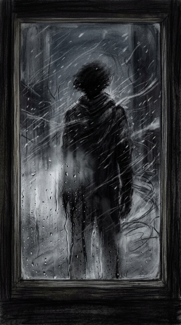 Dark charcoal horror illustration from the viewpoint of someone inches from a wi