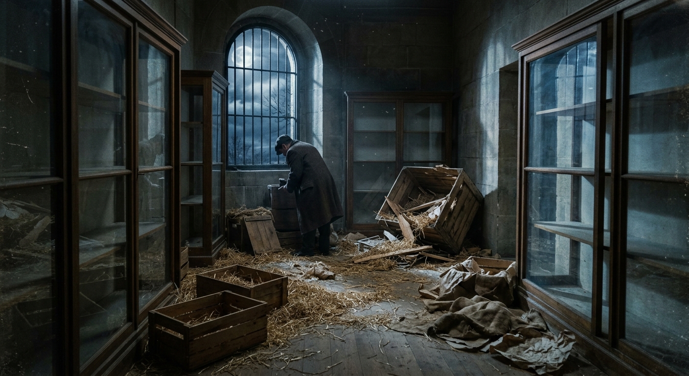 A dark museum gallery with empty display cases and scattered packing straw, a br