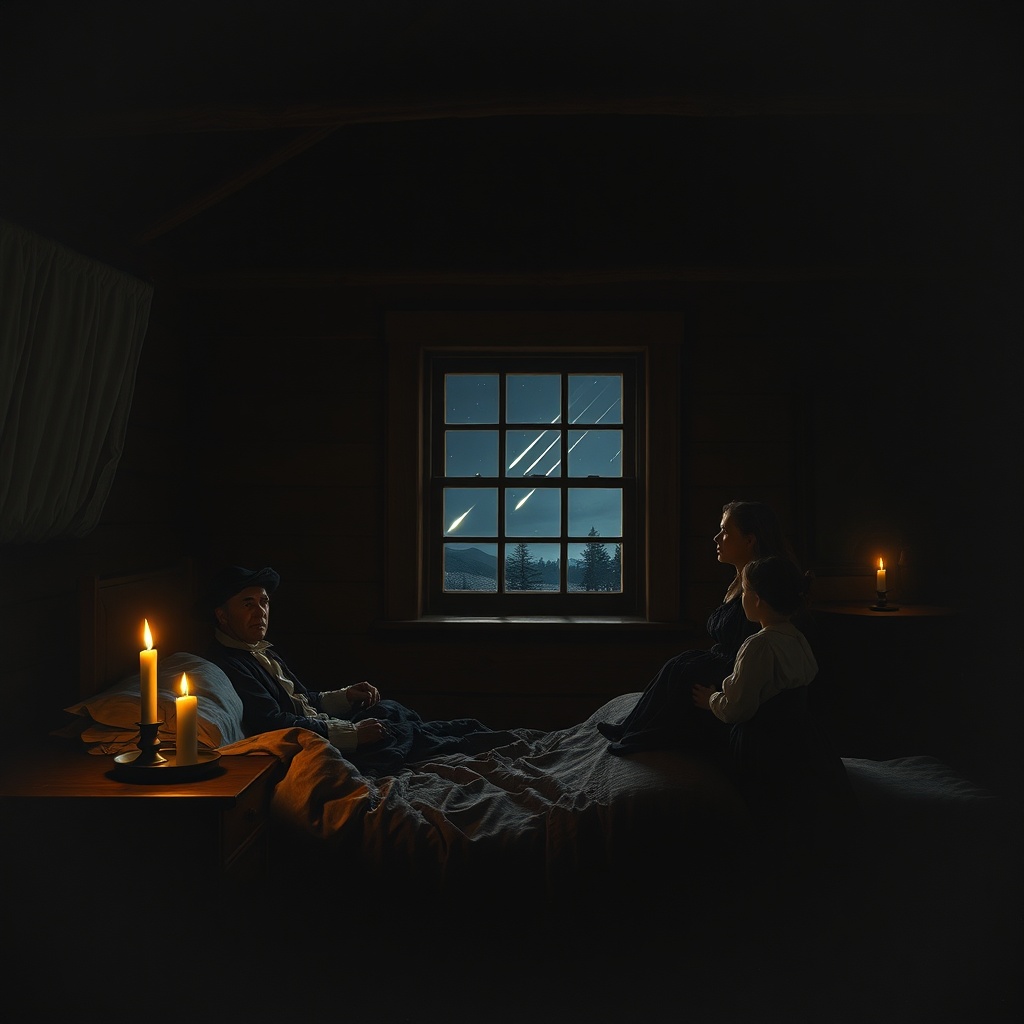 Interior of a candlelit 1830s wooden farmhouse bedroom as a family in nightcloth
