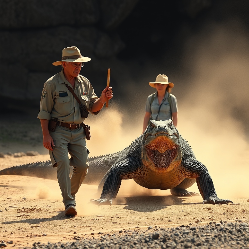 A tense scene of a park ranger holding a long forked stick between a Komodo drag