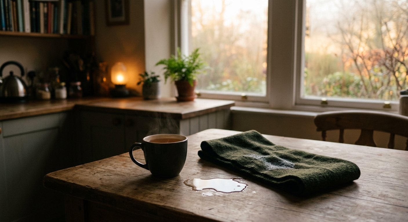 A kitchen table in early morning light with a mug of tea, a damp scarf laid neat