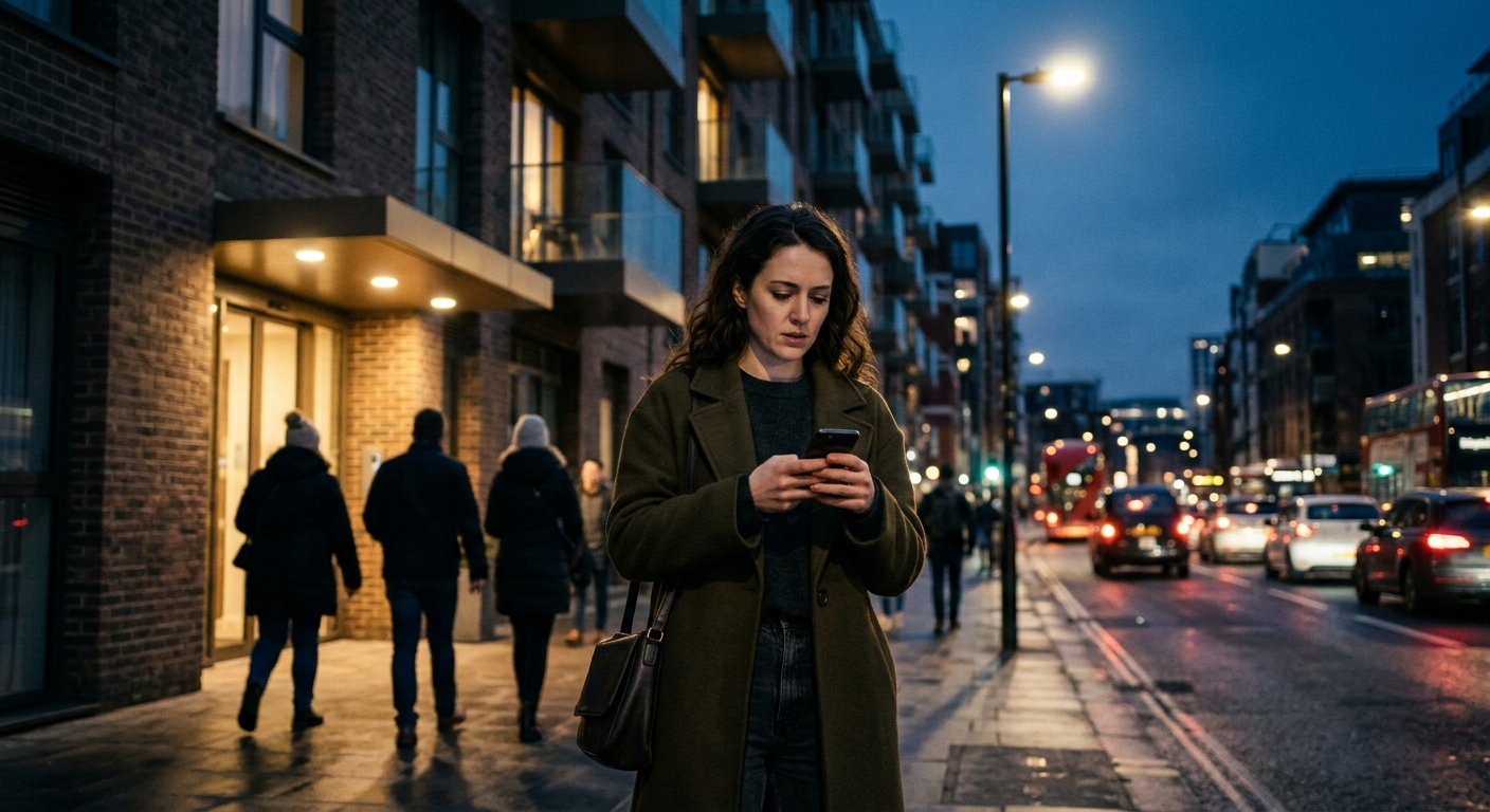 A woman standing in front of an apartment building, looking at her phone hesitan