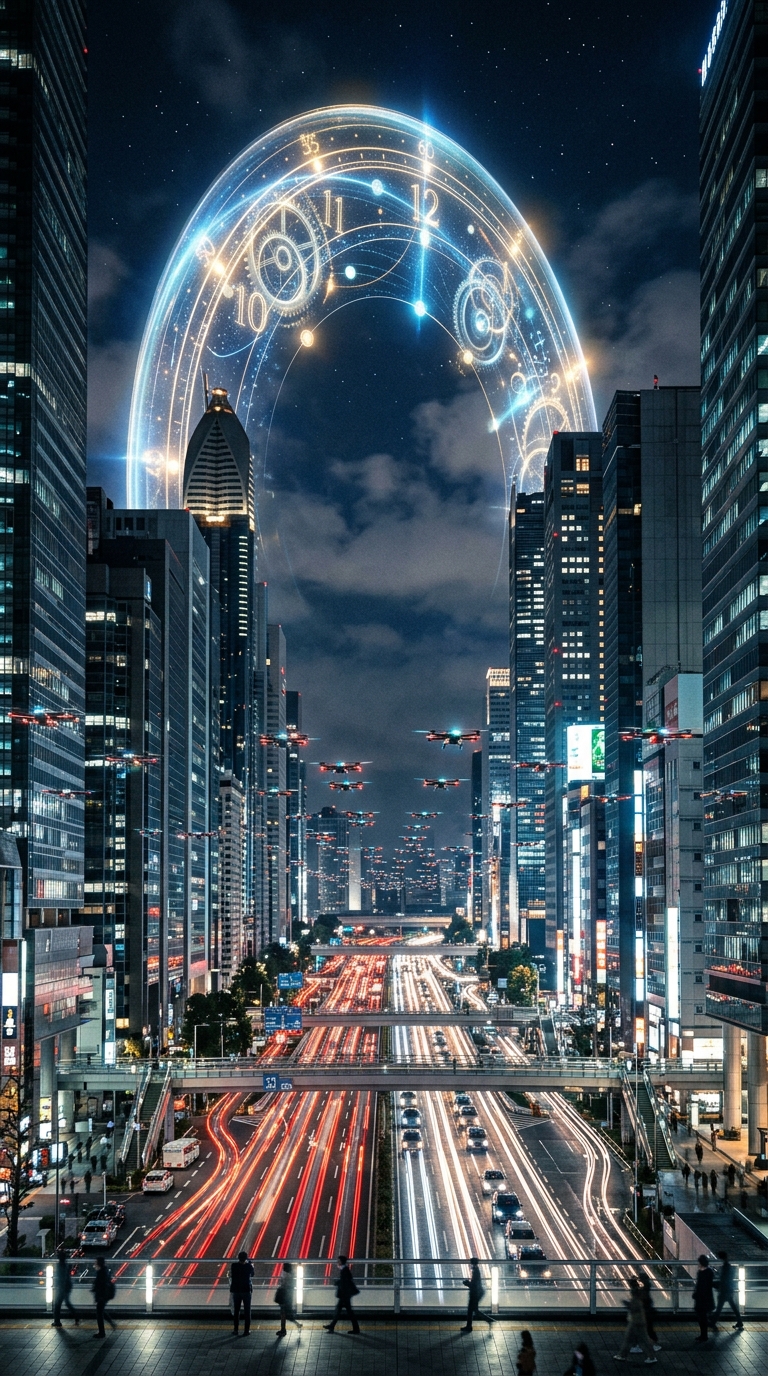 A night cityscape with autonomous delivery drones and electric vehicles moving l