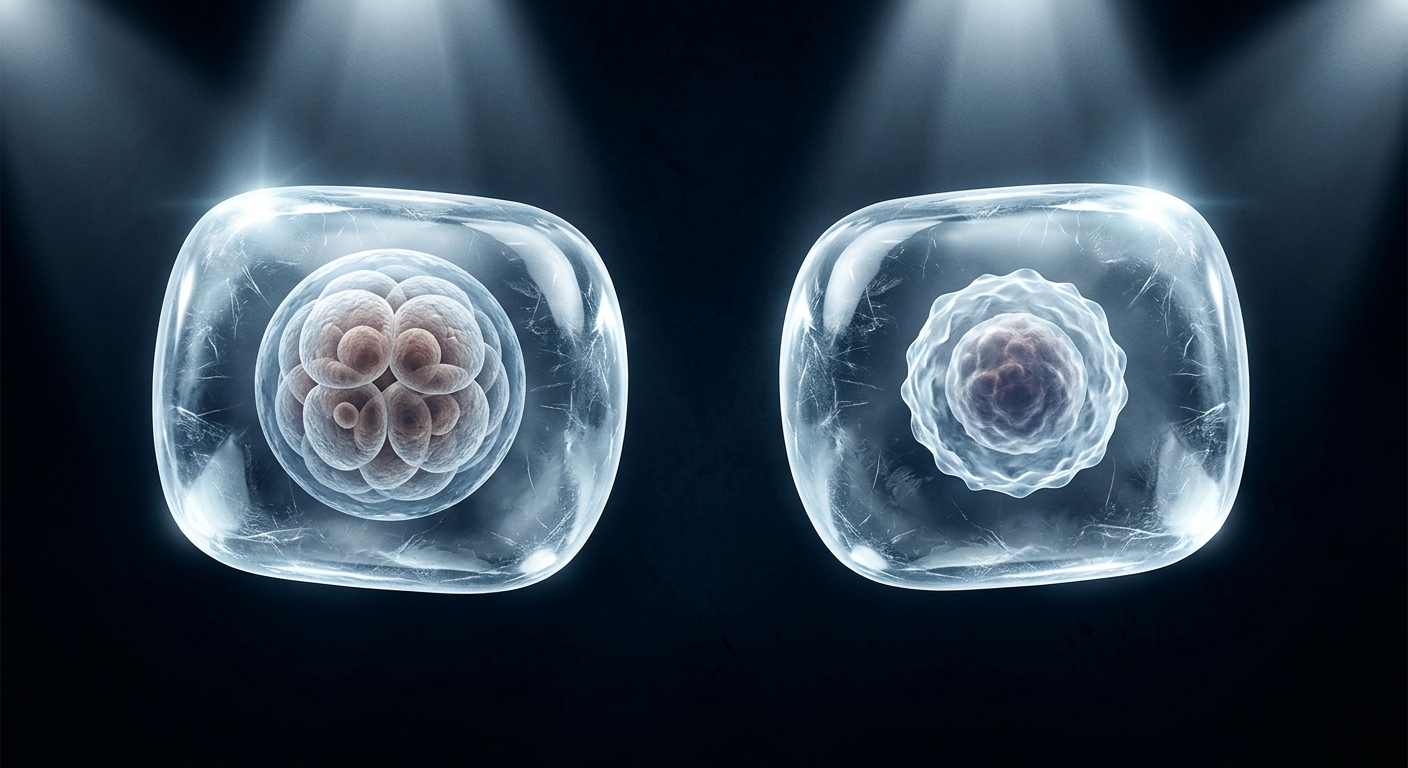 A stylized lineup like a boxing faceoff: a tiny embryo sphere on one side and a 