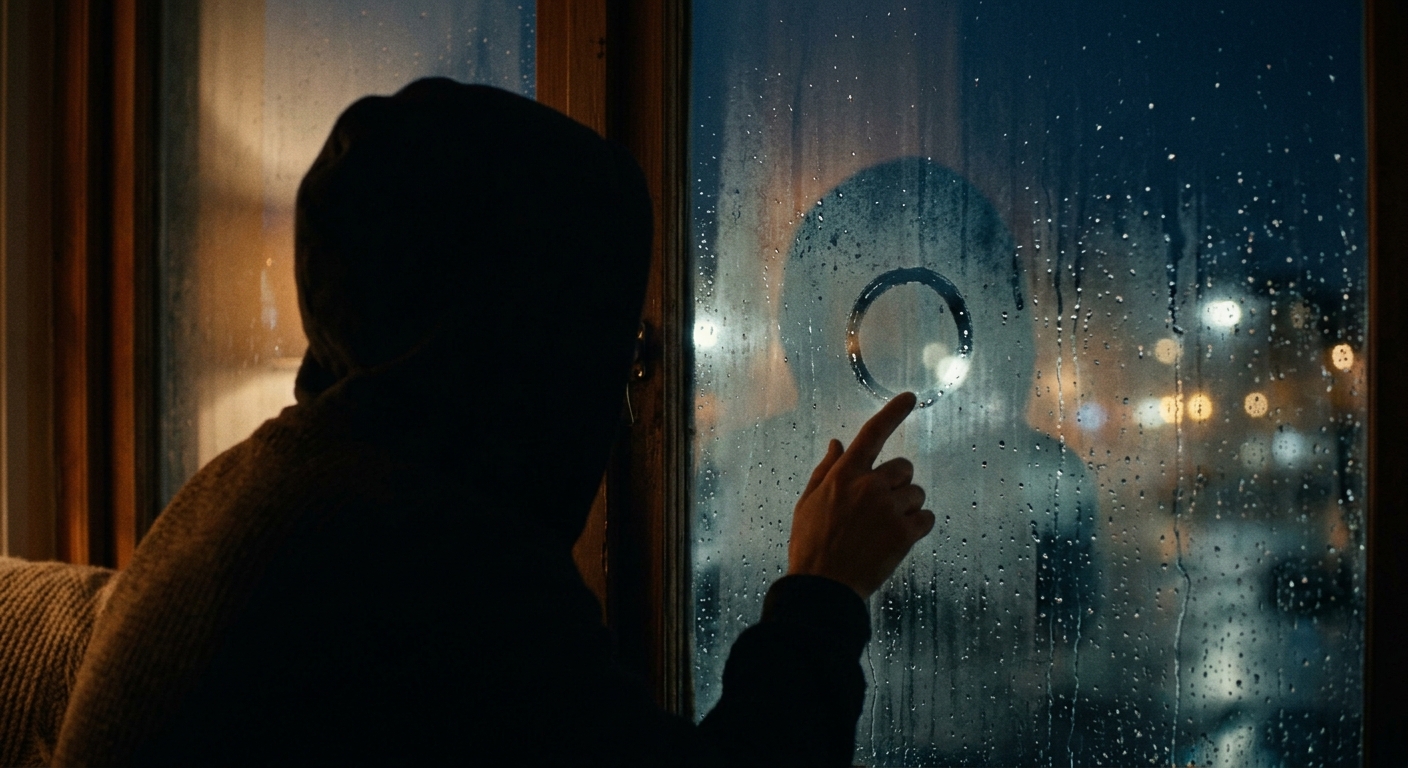A person’s silhouette reflected in a rain-speckled window, fingertip tracing a s