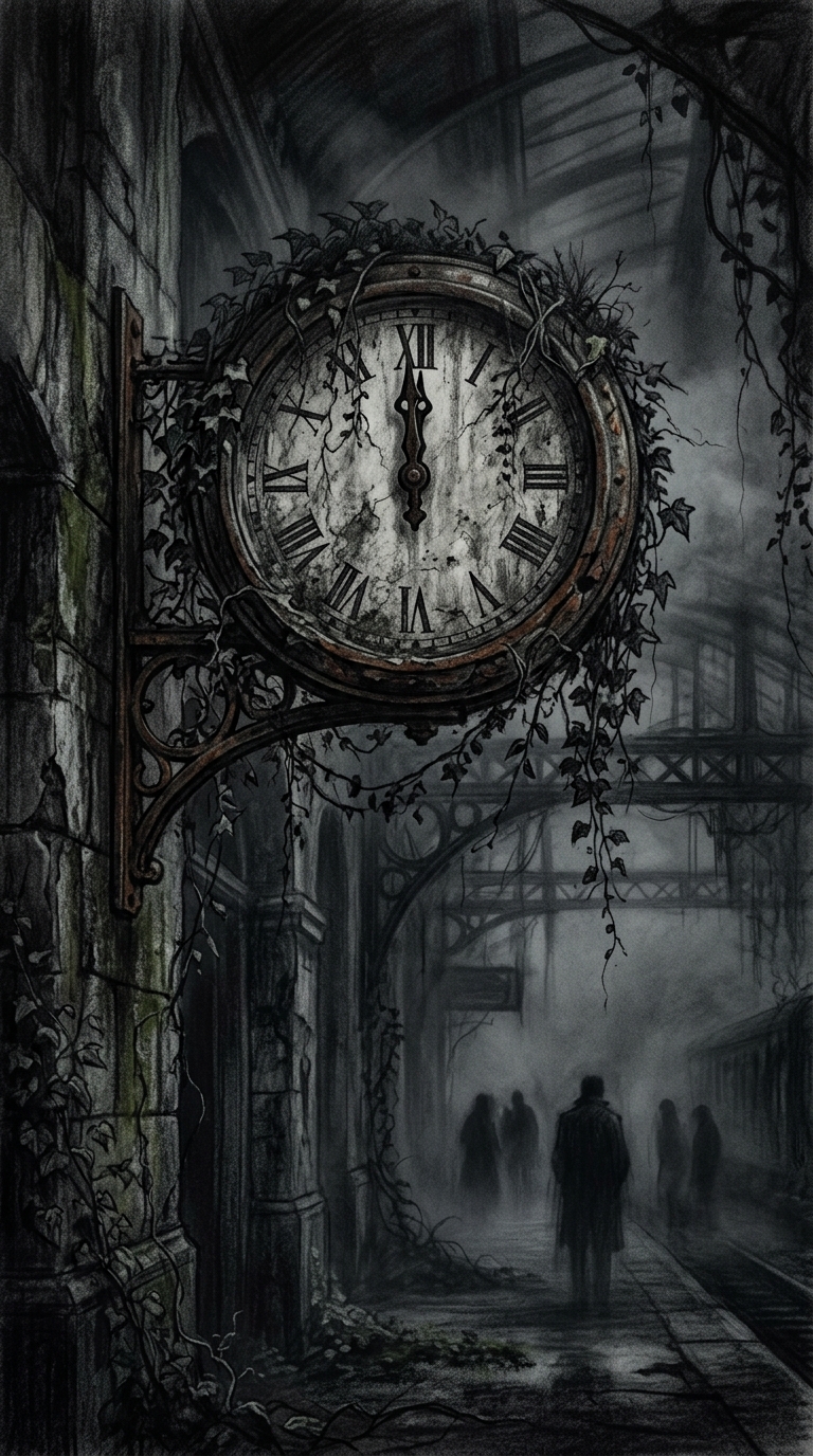 A moody, atmospheric view of a station clock frozen at midnight, with creeping i