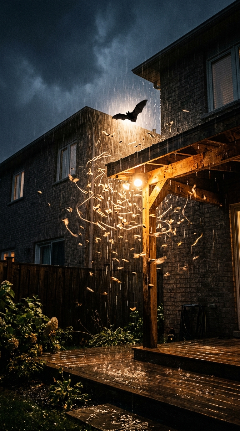 Vertical cinematic shot of a wet suburban backyard at night with glowing rainfal